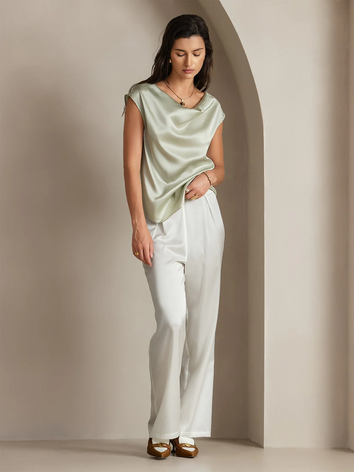19Momme Silk Cap Sleeve Cowl Neck Women's Top - Image 50