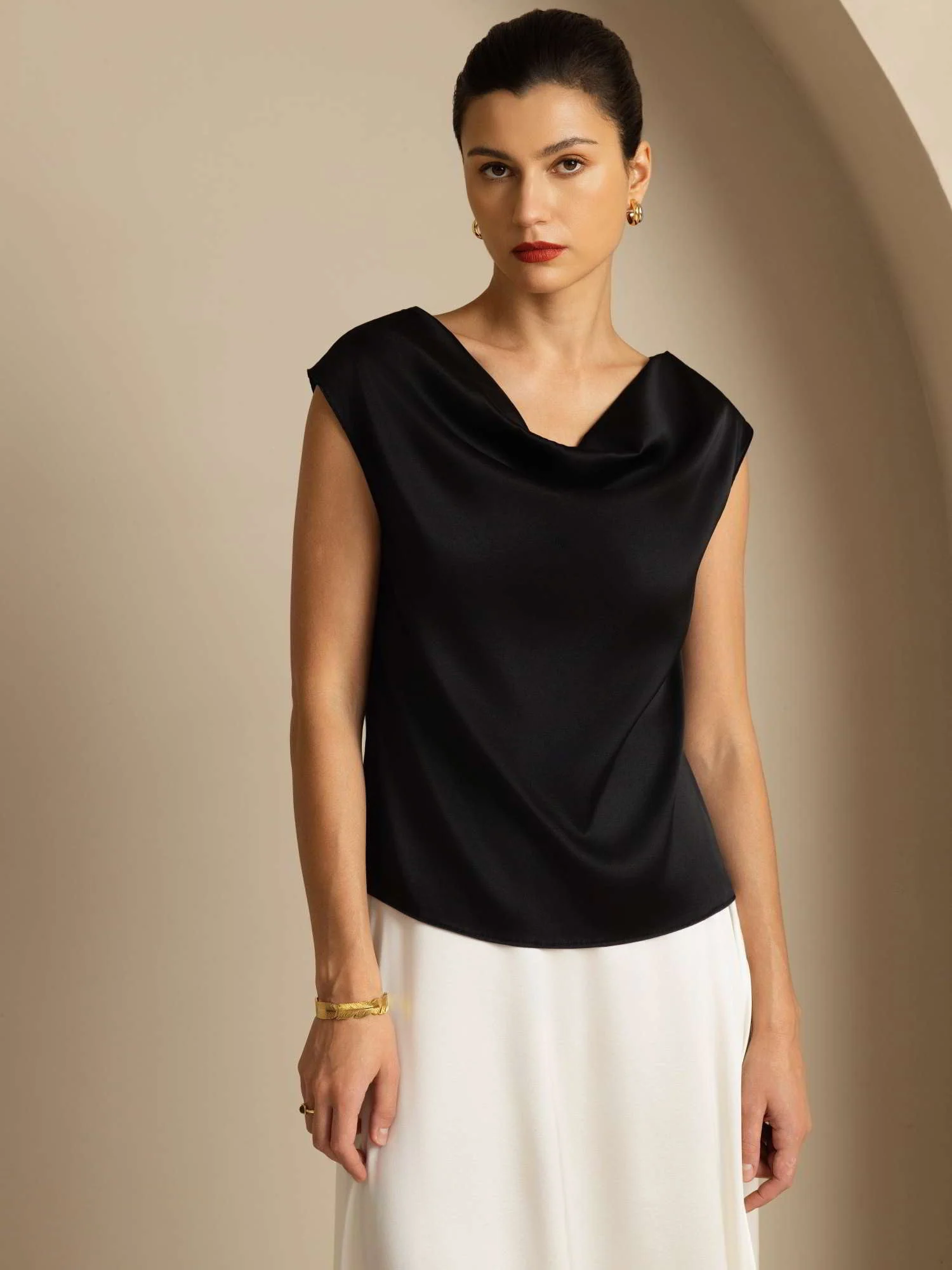 19Momme Silk Cap Sleeve Cowl Neck Women's Top - Image 53