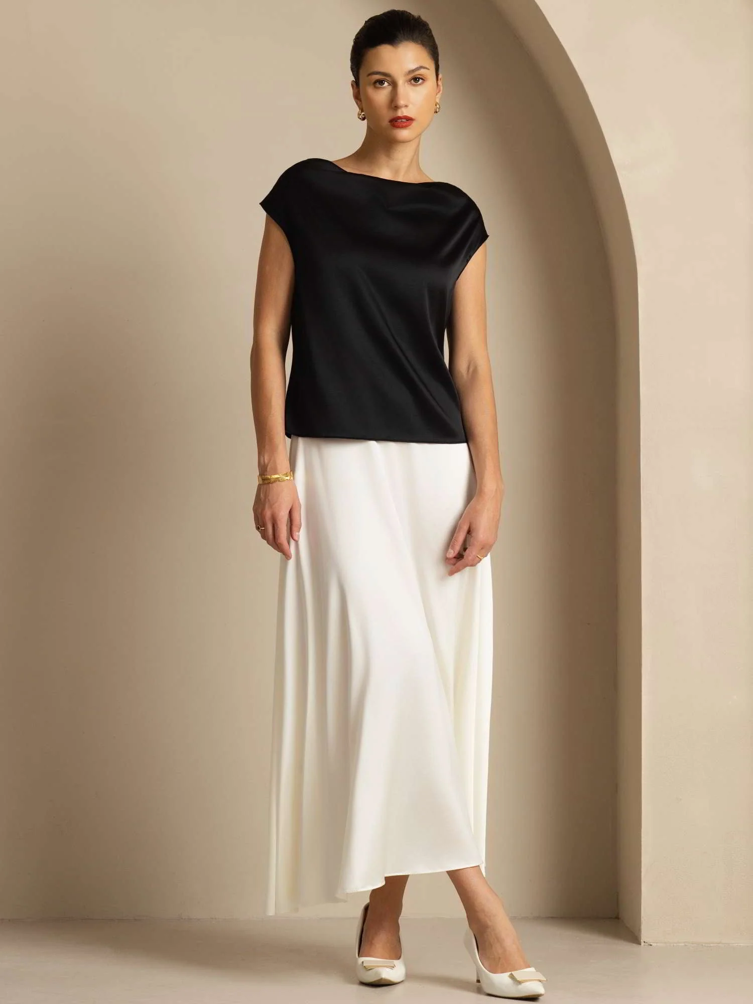 19Momme Silk Cap Sleeve Cowl Neck Women's Top - Image 59