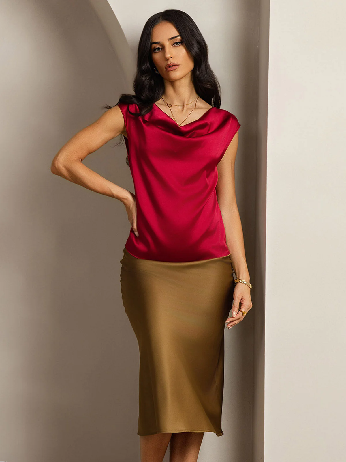 19Momme Silk Cap Sleeve Cowl Neck Women's Top - Image 61