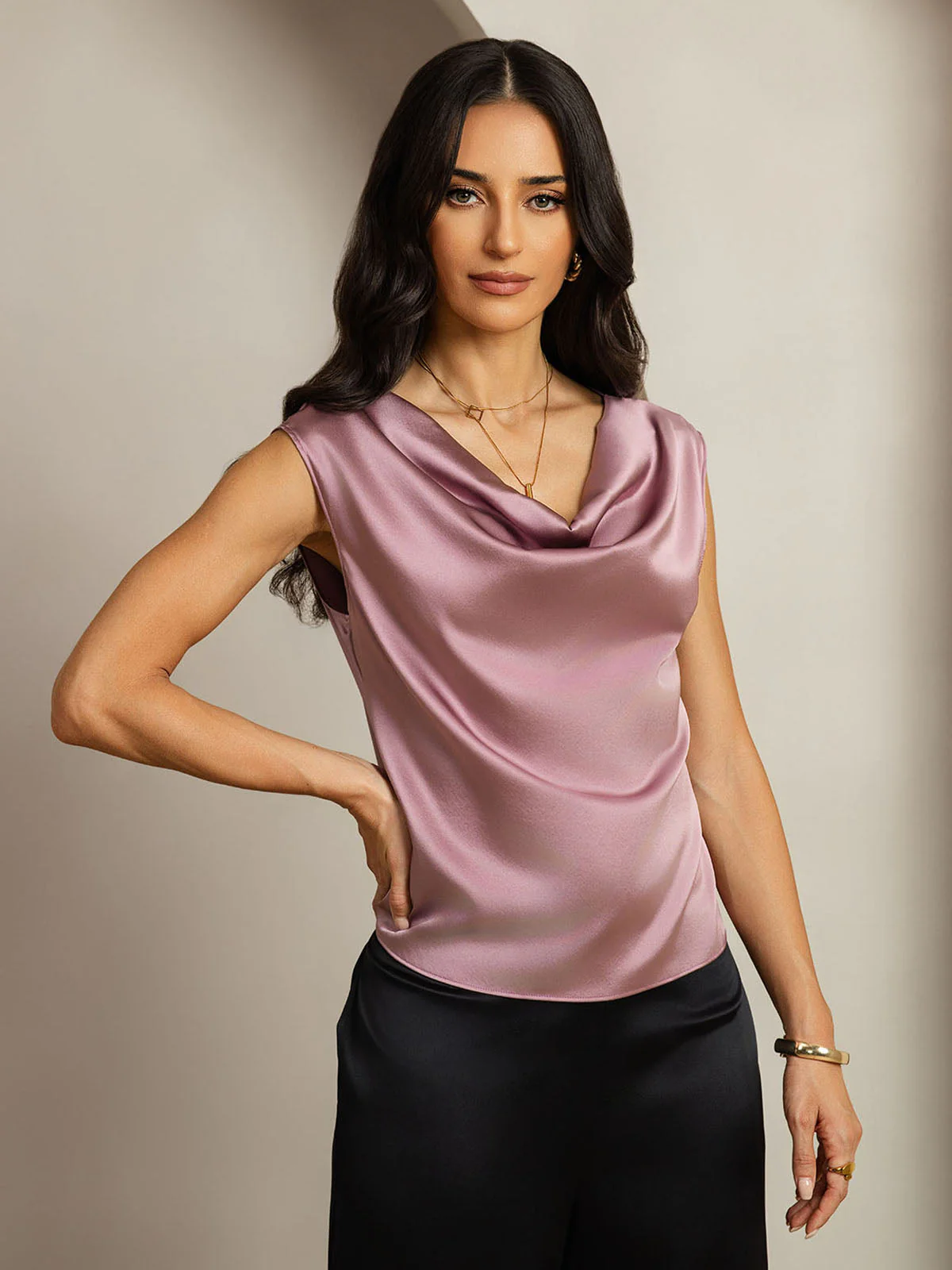 19Momme Silk Cap Sleeve Cowl Neck Women's Top - Image 66