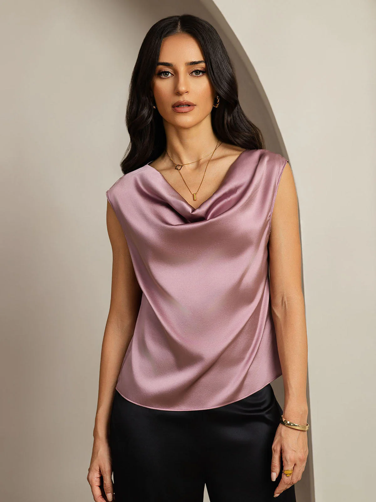 19Momme Silk Cap Sleeve Cowl Neck Women's Top - Image 69