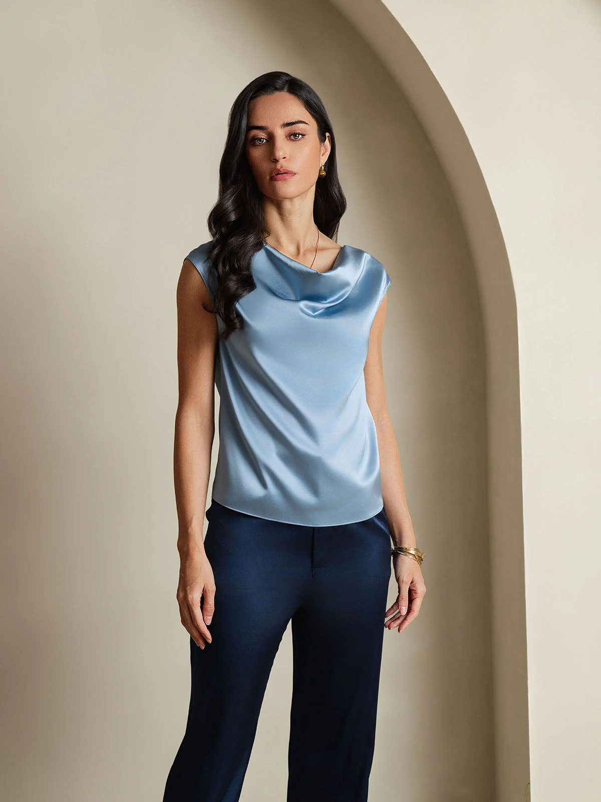 19Momme Silk Cap Sleeve Cowl Neck Women's Top - Image 9