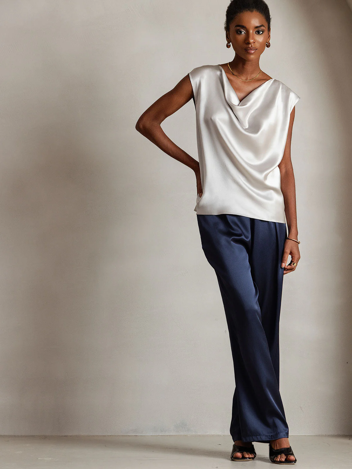 19Momme Women's Silk Cap Sleeve Cowl Neck Top - Image 19