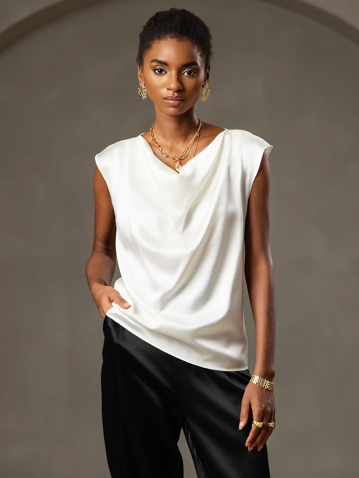 19Momme Women's Silk Cap Sleeve Cowl Neck Top - Image 27