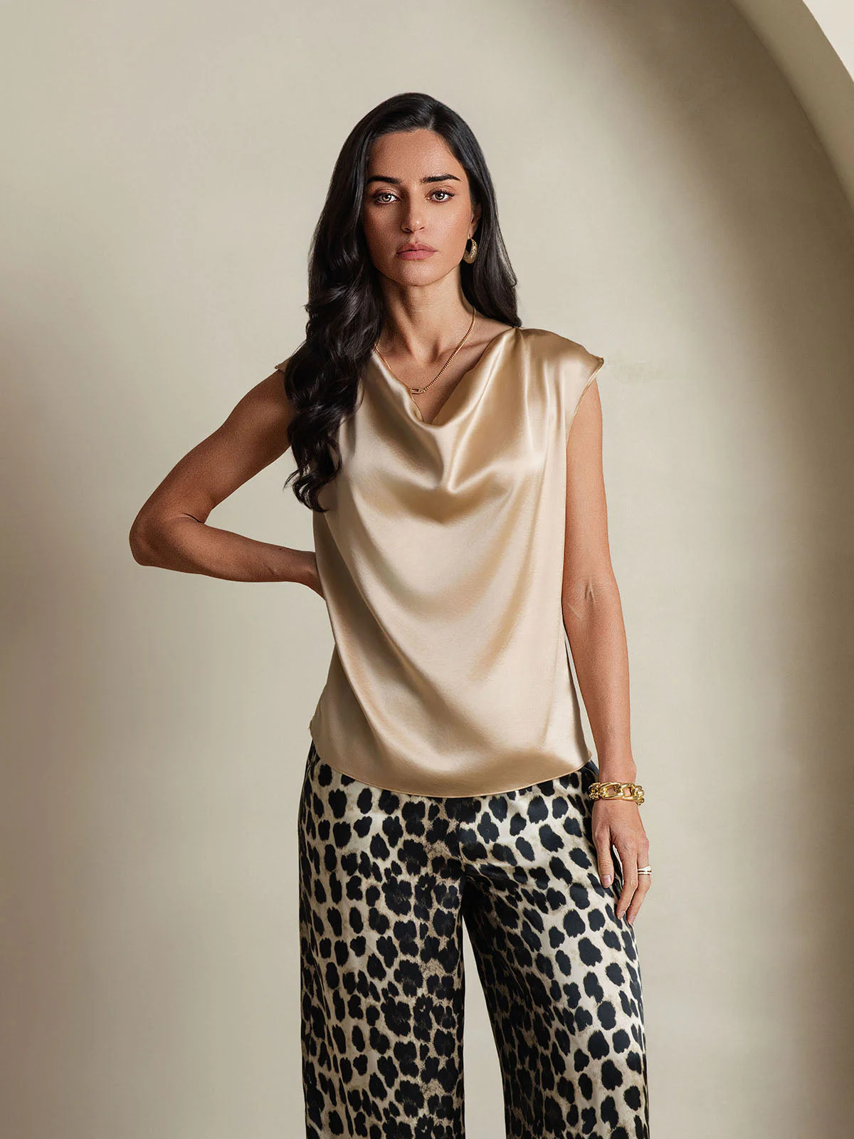 19Momme Women's Silk Cap Sleeve Cowl Neck Top - Image 3