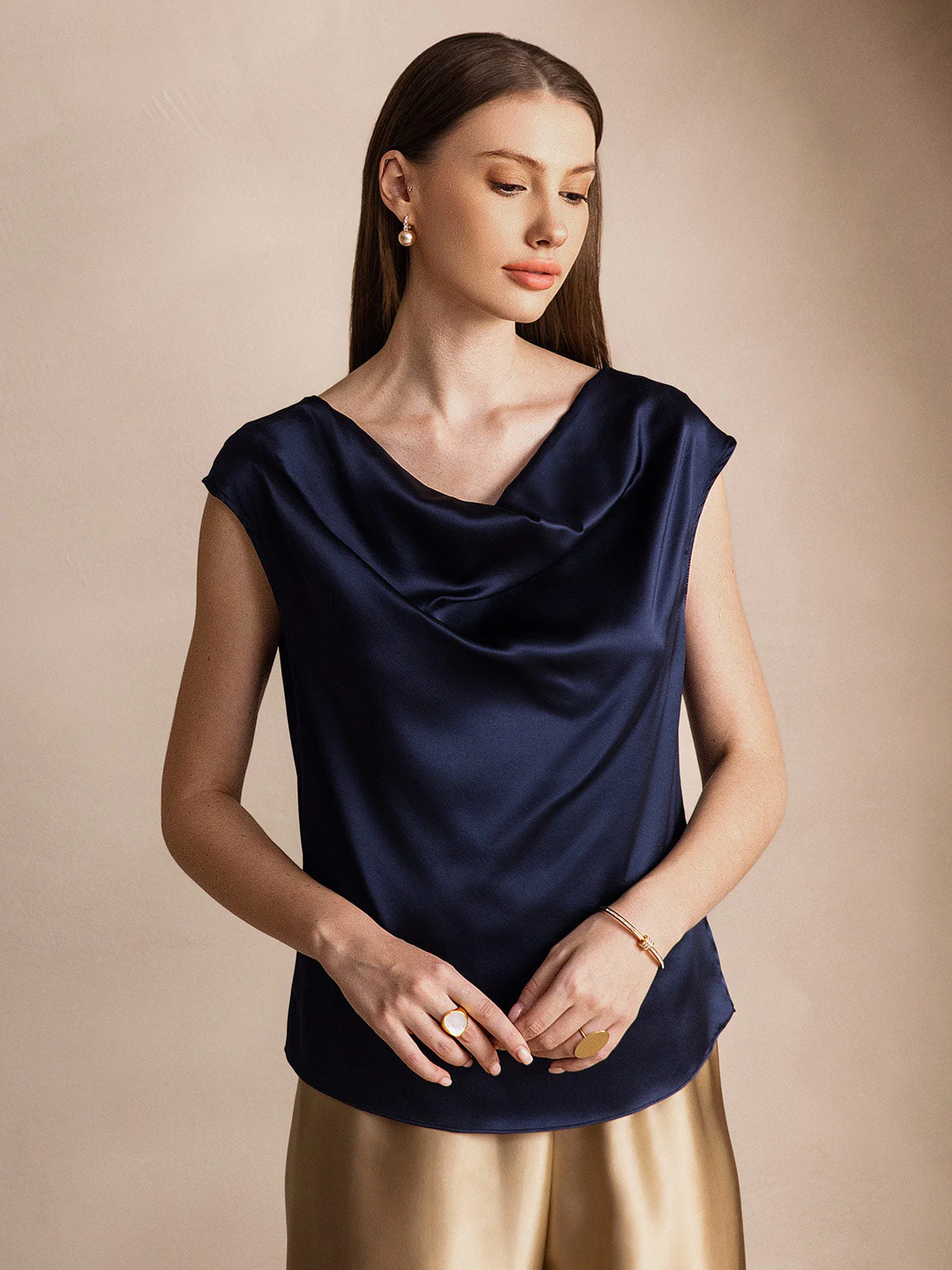 19Momme Women's Silk Cap Sleeve Cowl Neck Top - Image 31