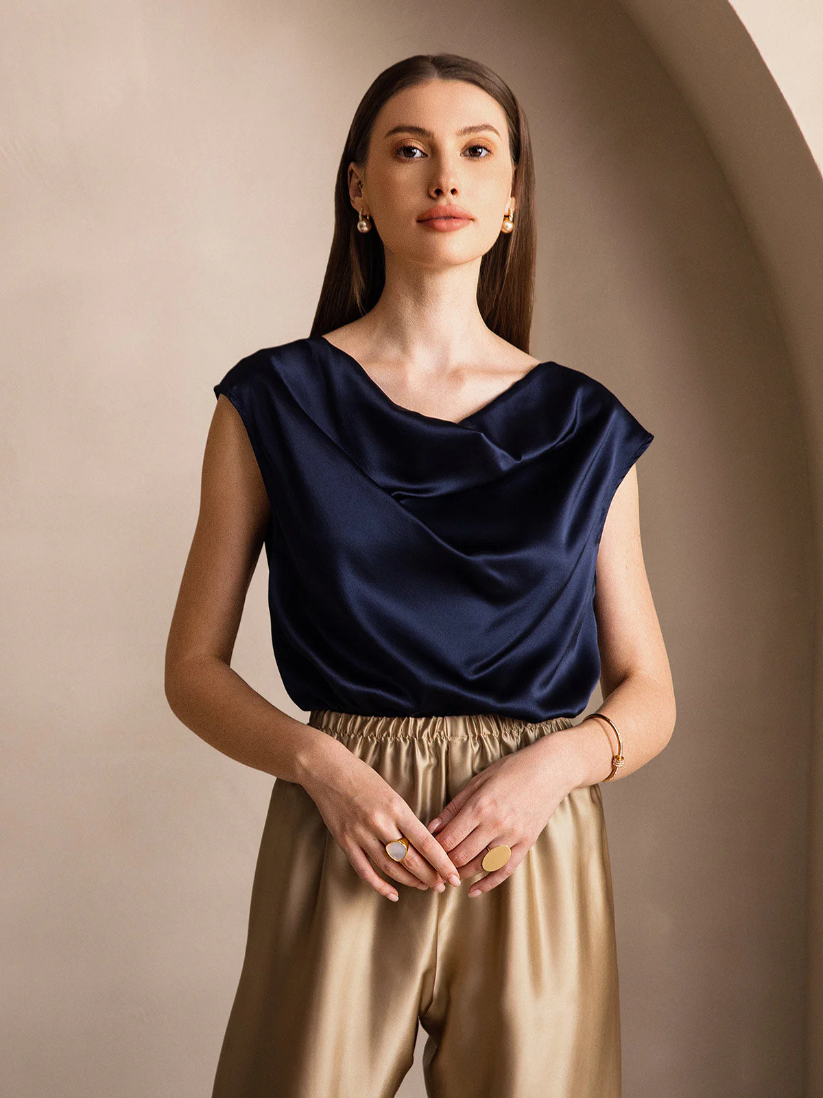 19Momme Women's Silk Cap Sleeve Cowl Neck Top - Image 33