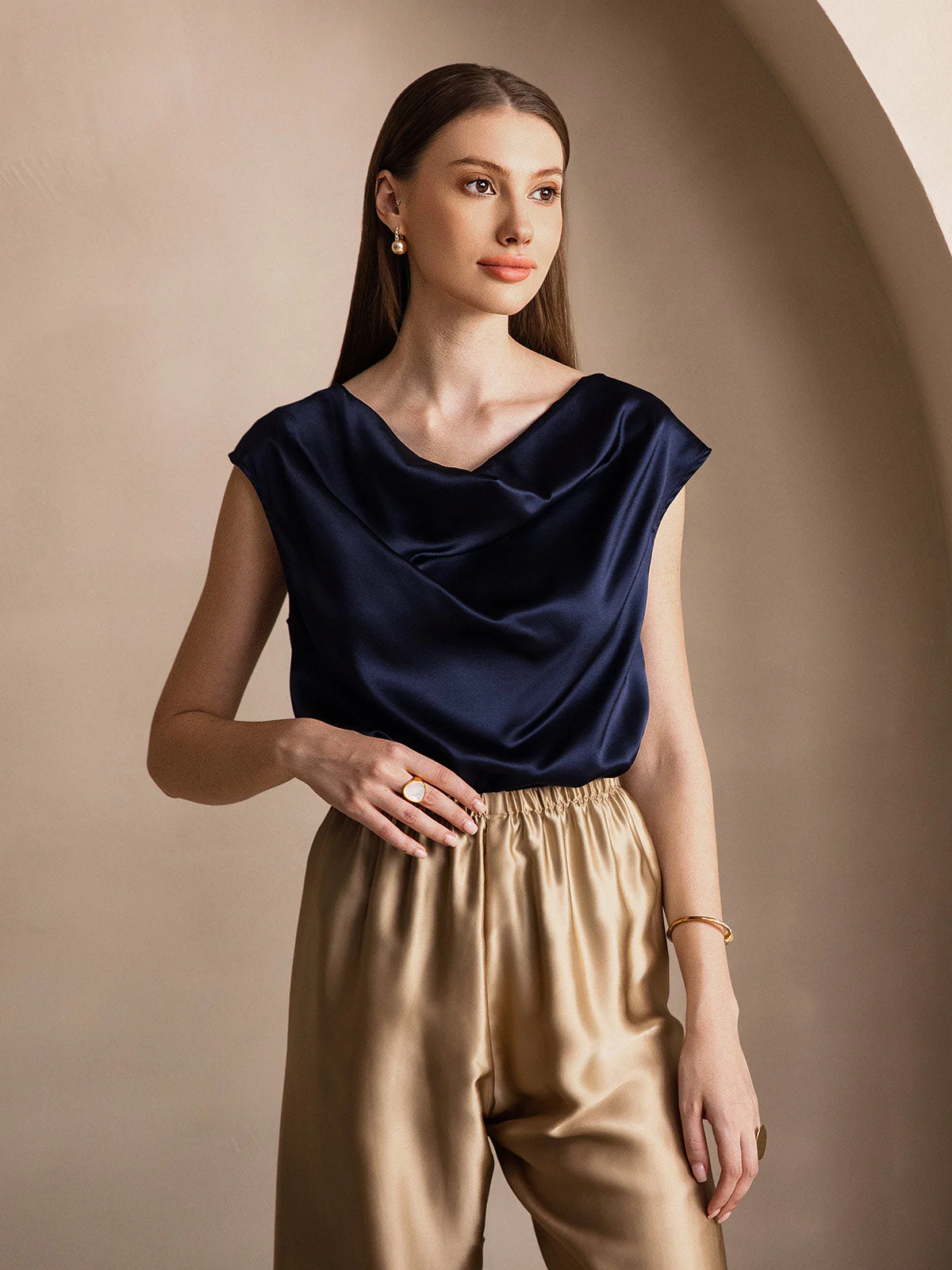 19Momme Women's Silk Cap Sleeve Cowl Neck Top - Image 34