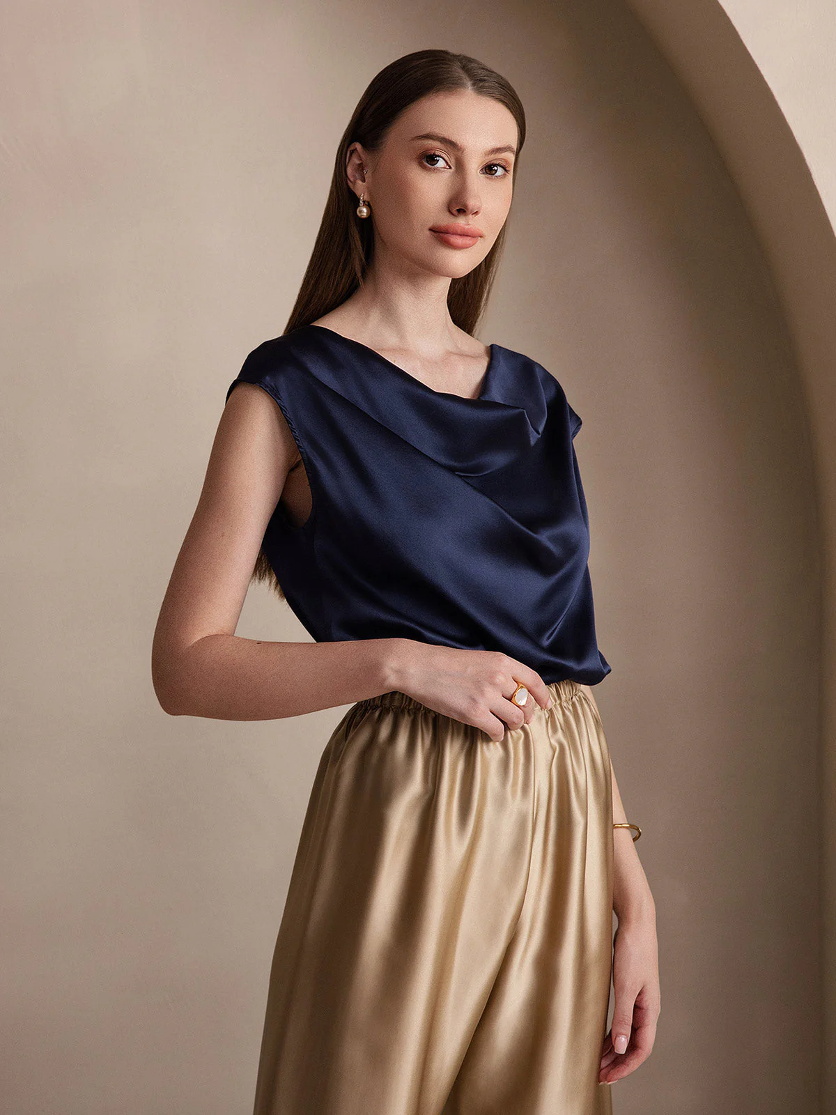 19Momme Women's Silk Cap Sleeve Cowl Neck Top - Image 35