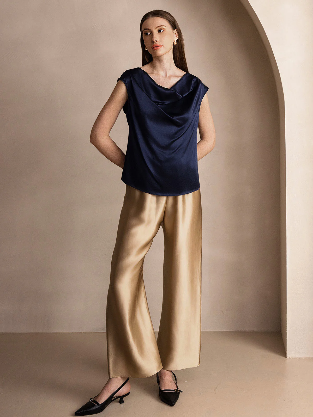 19Momme Women's Silk Cap Sleeve Cowl Neck Top - Image 38