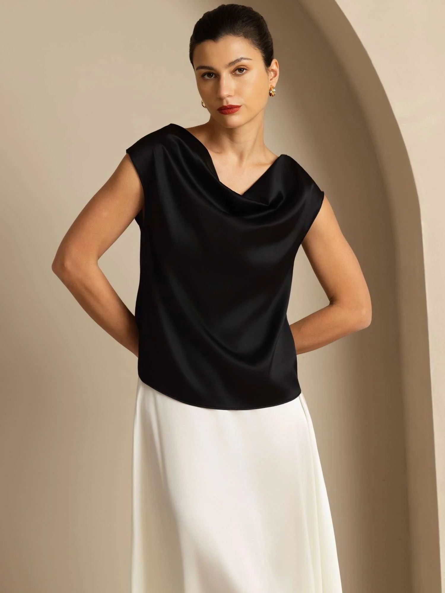 19Momme Women's Silk Cap Sleeve Cowl Neck Top - Image 43