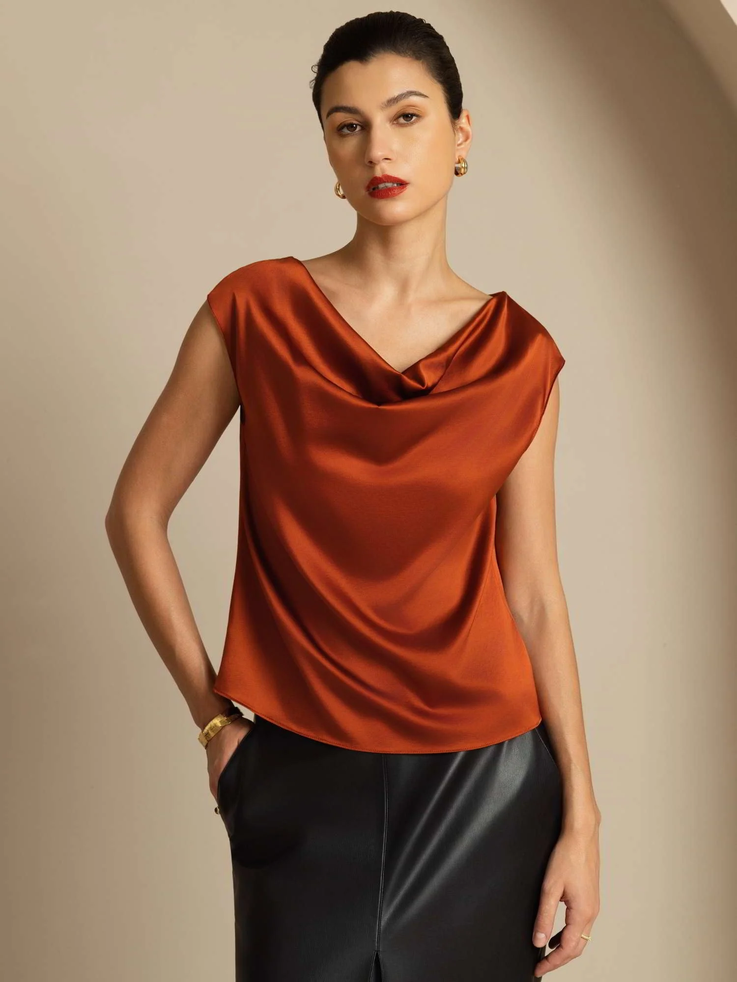 19Momme Women's Silk Cap Sleeve Cowl Neck Top - Image 47