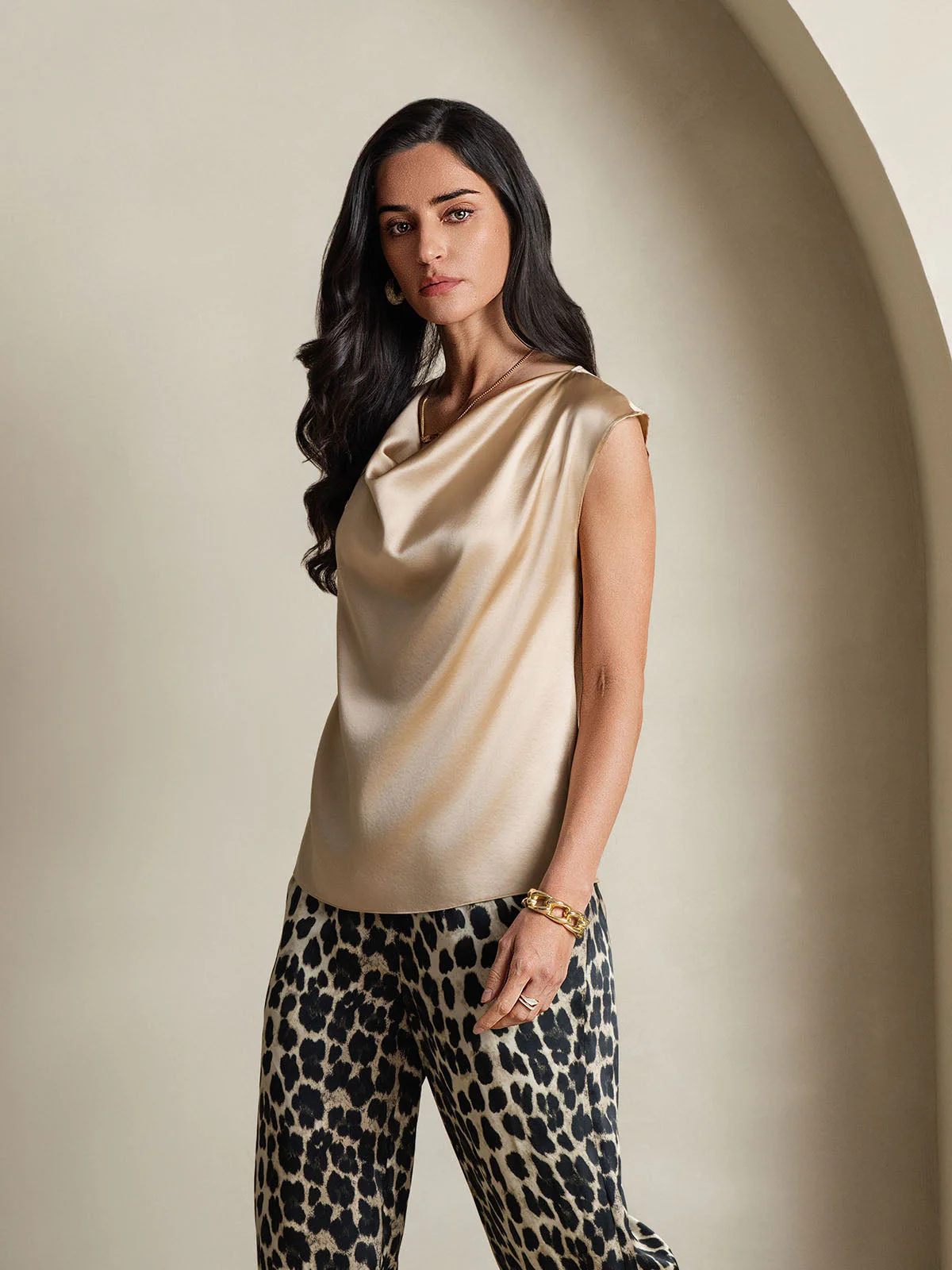 19Momme Women's Silk Cap Sleeve Cowl Neck Top - Image 5