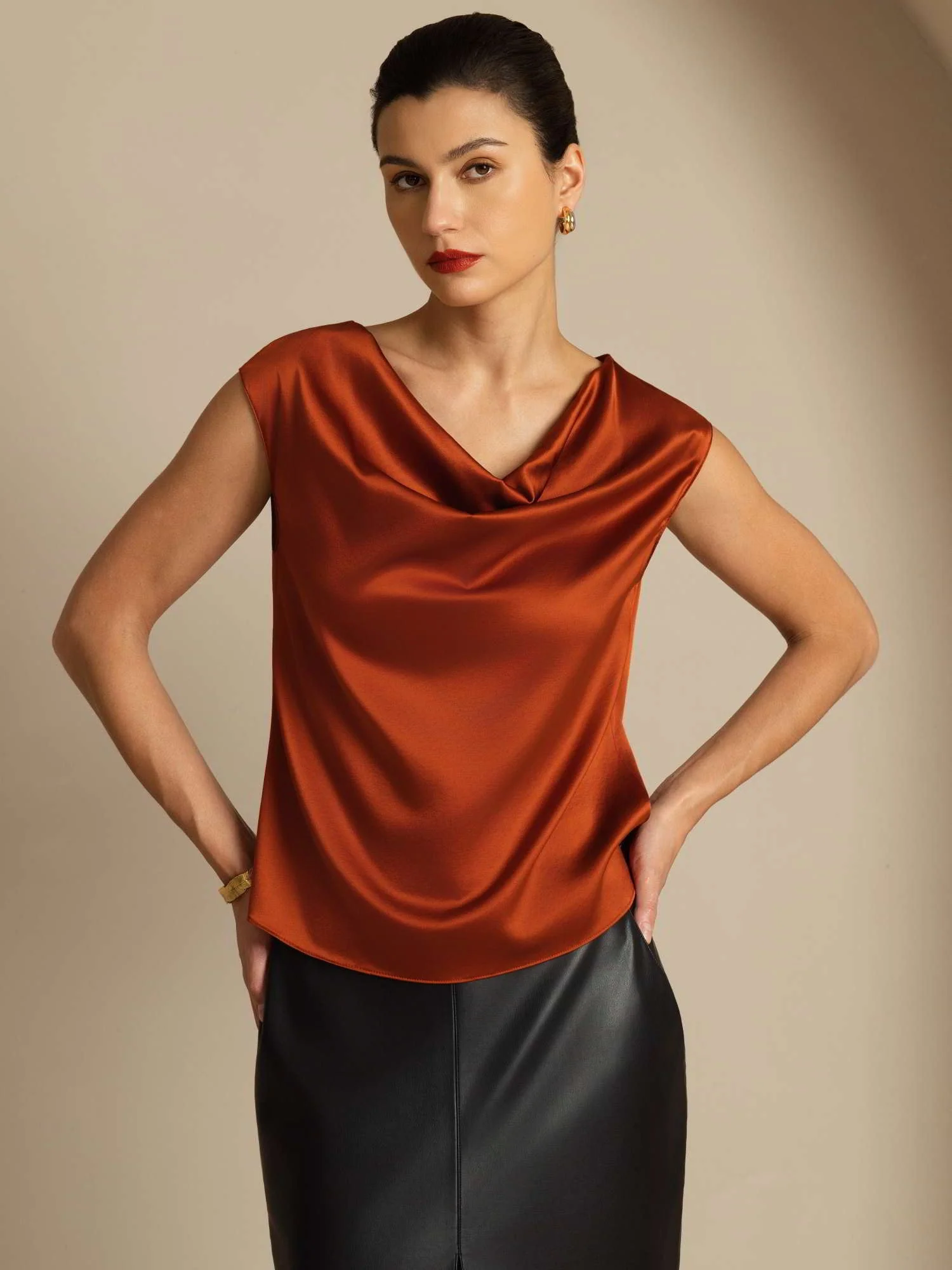 19Momme Women's Silk Cap Sleeve Cowl Neck Top - Image 50