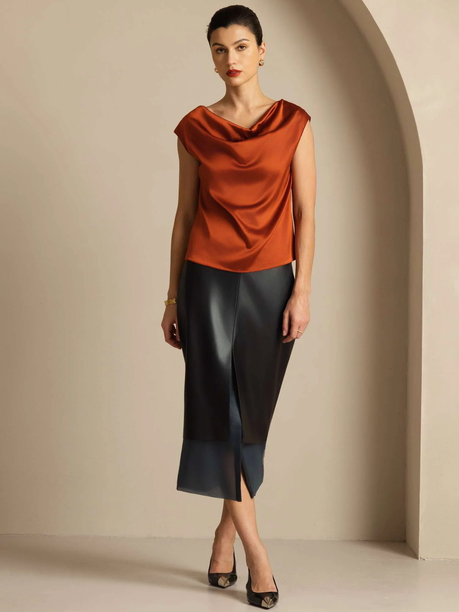 19Momme Women's Silk Cap Sleeve Cowl Neck Top - Image 53