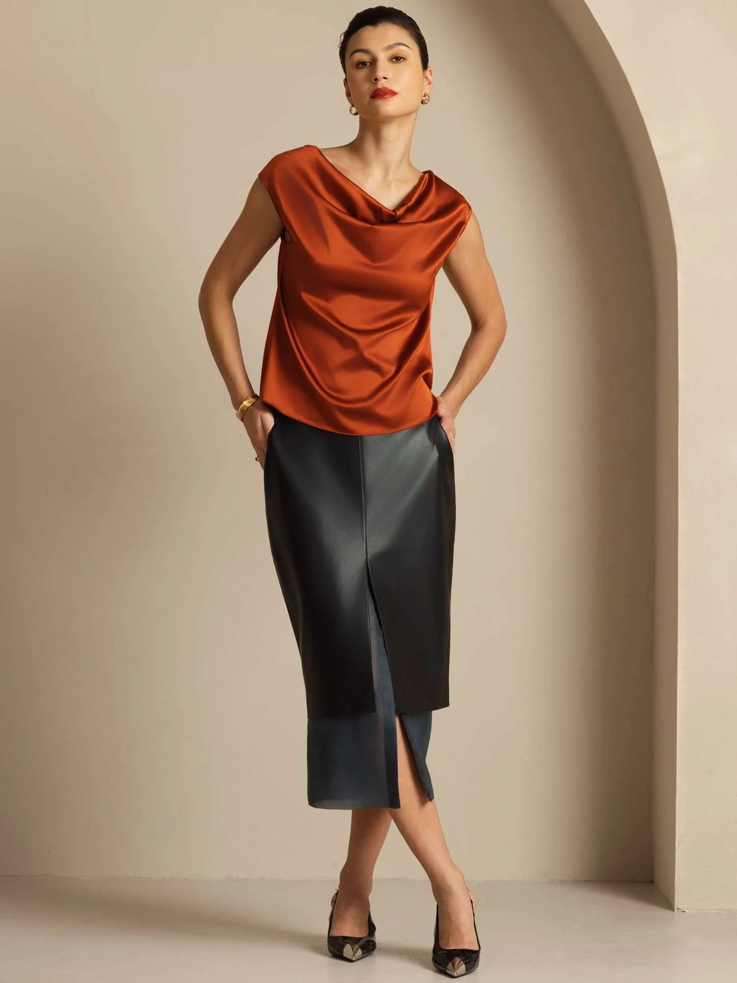 19Momme Women's Silk Cap Sleeve Cowl Neck Top - Image 54