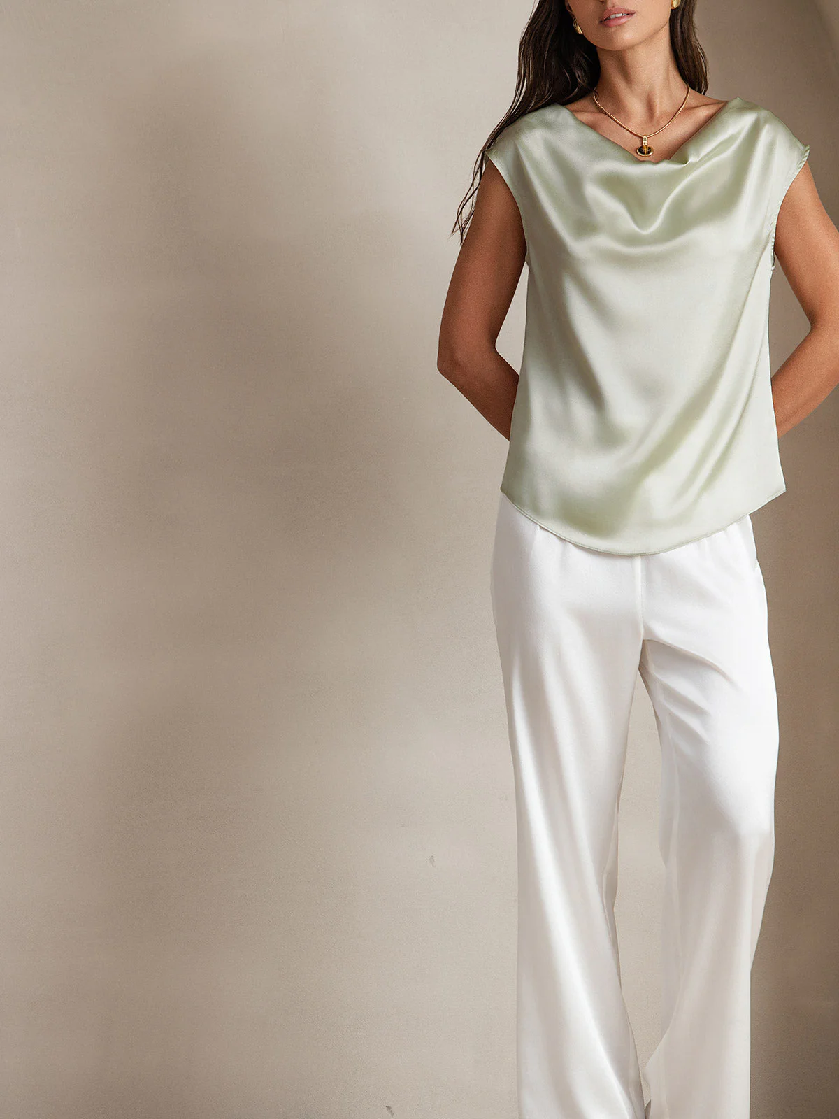 19Momme Women's Silk Cap Sleeve Cowl Neck Top - Image 58