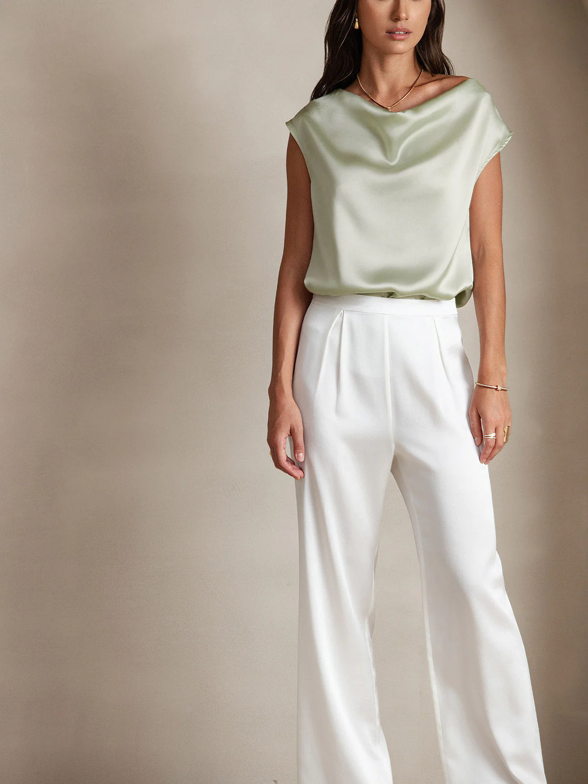 19Momme Women's Silk Cap Sleeve Cowl Neck Top - Image 59