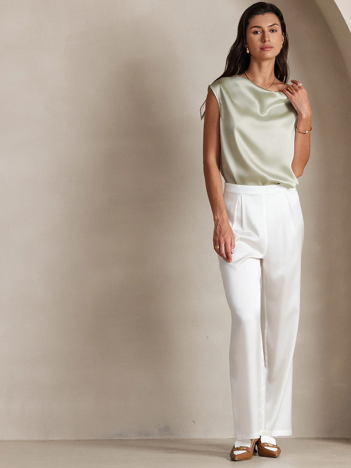 19Momme Women's Silk Cap Sleeve Cowl Neck Top - Image 60