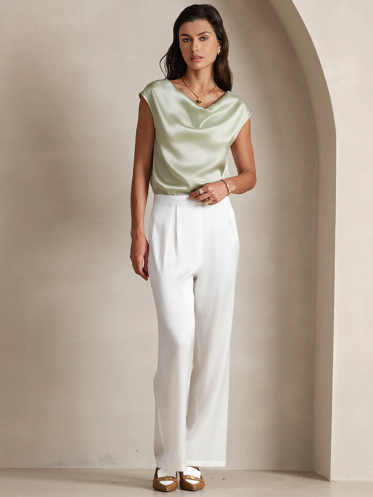 19Momme Women's Silk Cap Sleeve Cowl Neck Top - Image 61