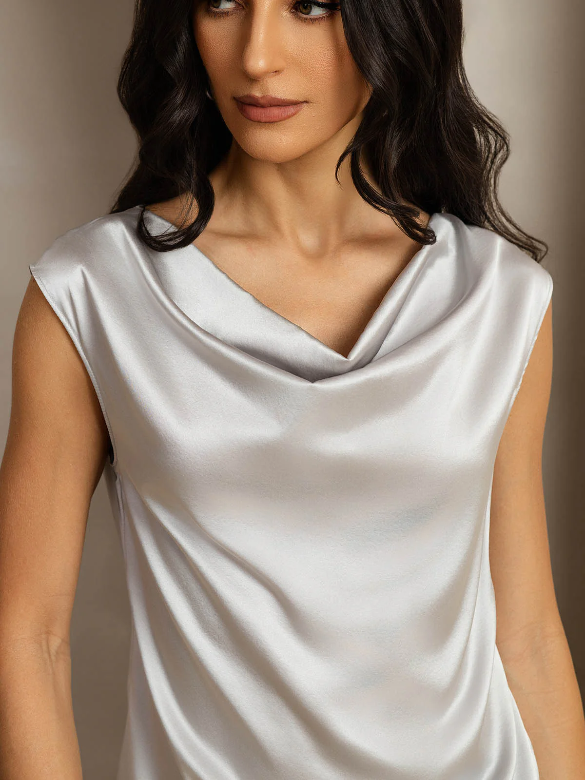 19Momme Women's Silk Cap Sleeve Cowl Neck Top - Image 72