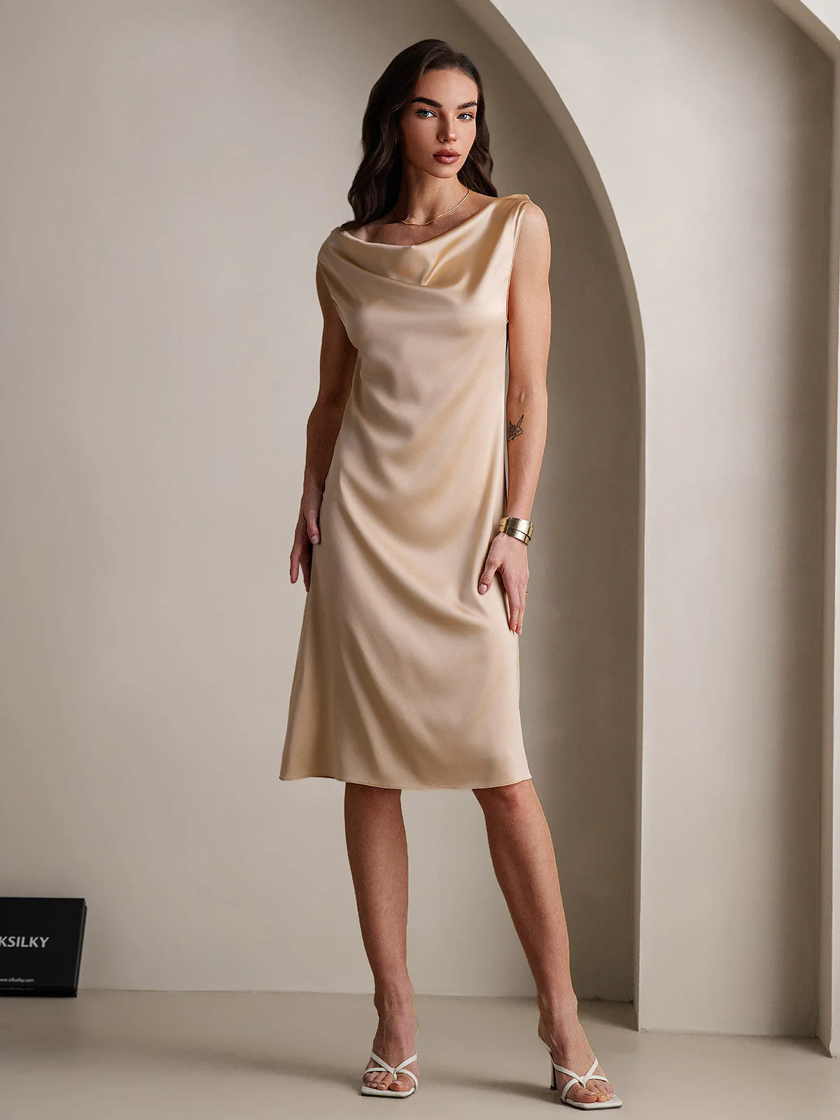 19Momme Silk Sleeveless Cowl Neck Knee Dress - Image 12