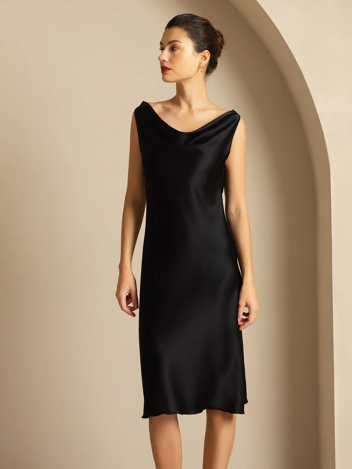 19Momme Silk Sleeveless Cowl Neck Knee Dress - Image 21