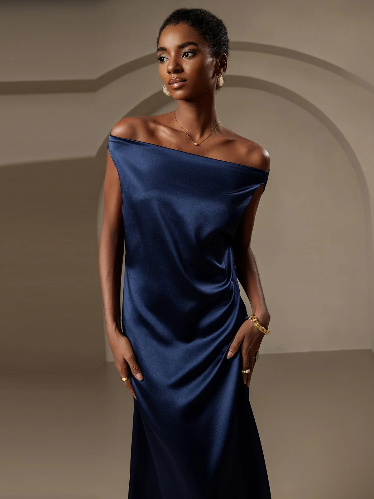 19Momme Silk Sleeveless Cowl Neck Knee Dress - Image 4