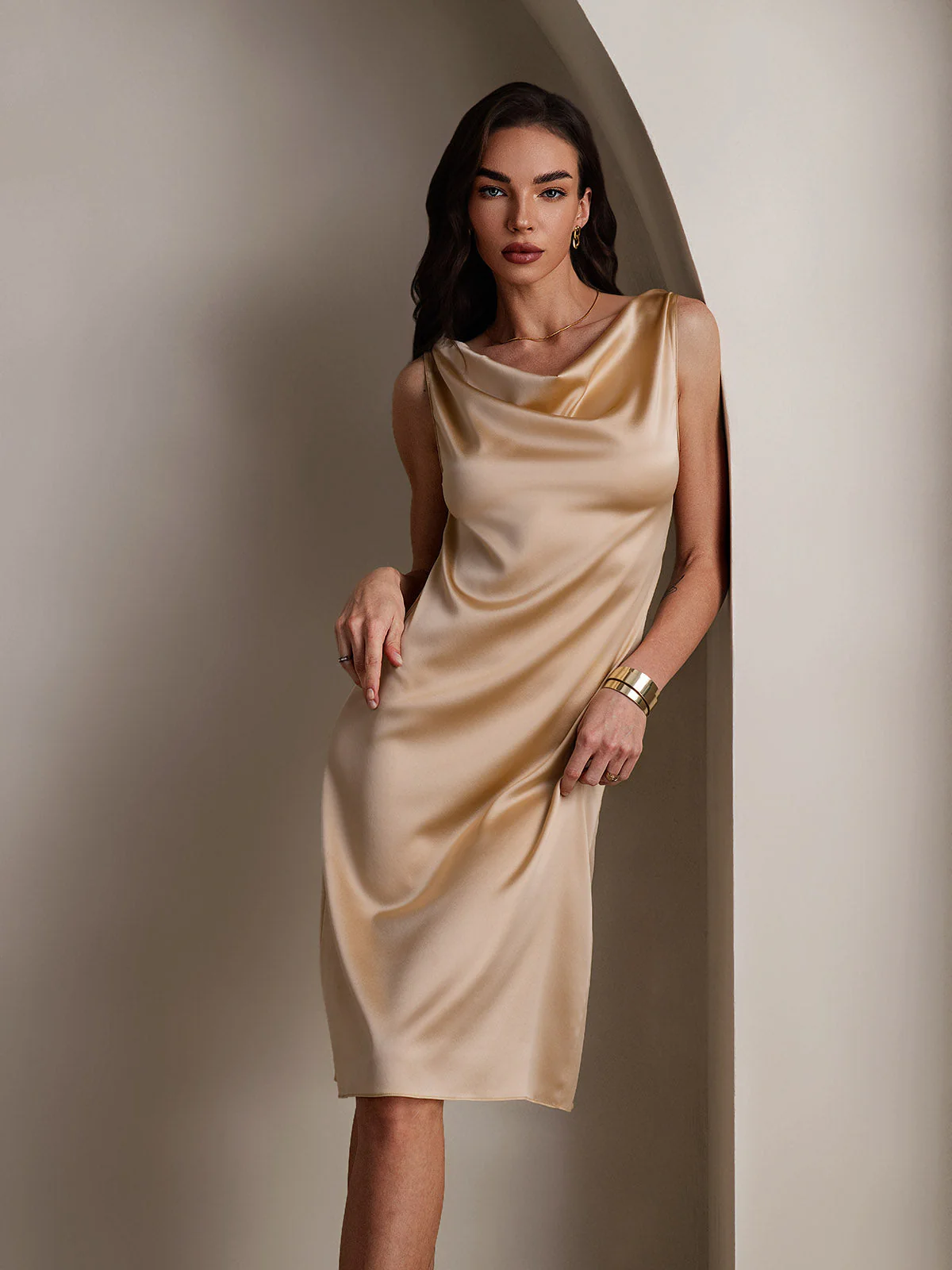 19Momme Silk Sleeveless Cowl Neck Knee Dress - Image 8