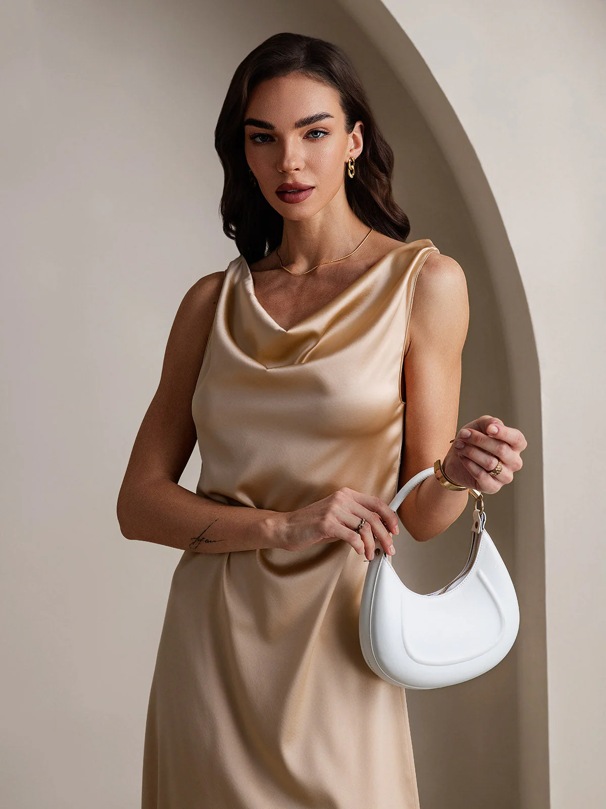 19Momme Silk Sleeveless Cowl Neck Knee Dress - Image 9