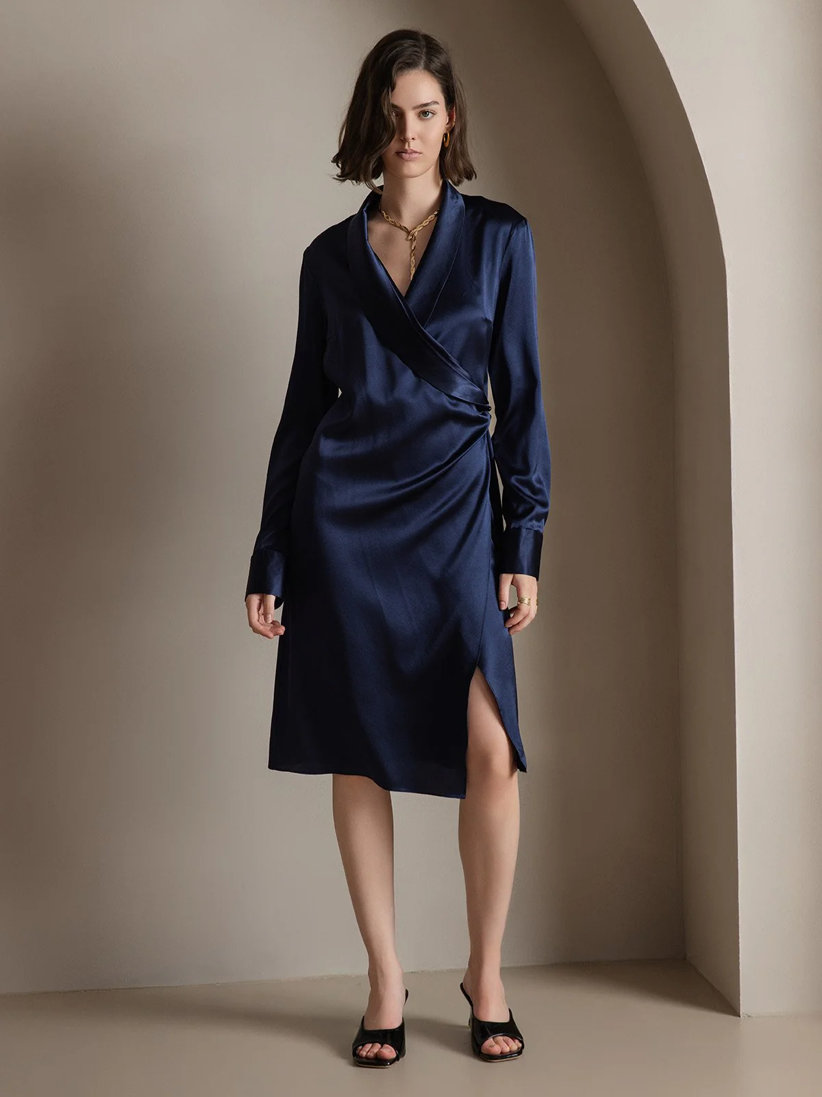 Clearance(Ships to UK Only) - 19Momme Silk Long Sleeve Lapel Collar Wrap Dress with Split Design - Image 10