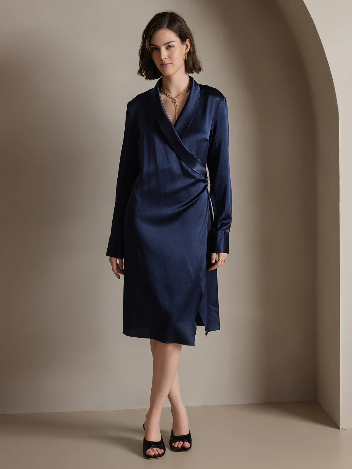 Clearance(Ships to UK Only) - 19Momme Silk Long Sleeve Lapel Collar Wrap Dress with Split Design - Image 11