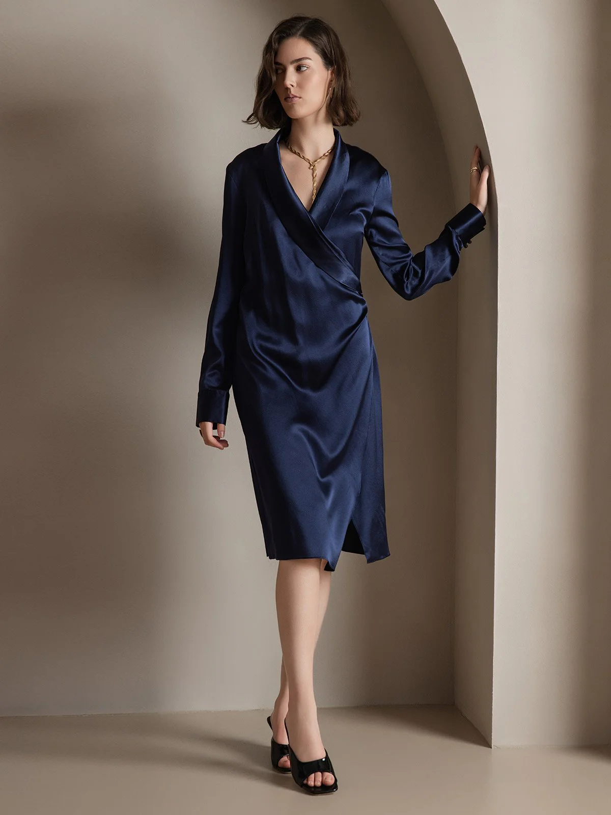 Clearance(Ships to UK Only) - 19Momme Silk Long Sleeve Lapel Collar Wrap Dress with Split Design - Image 12
