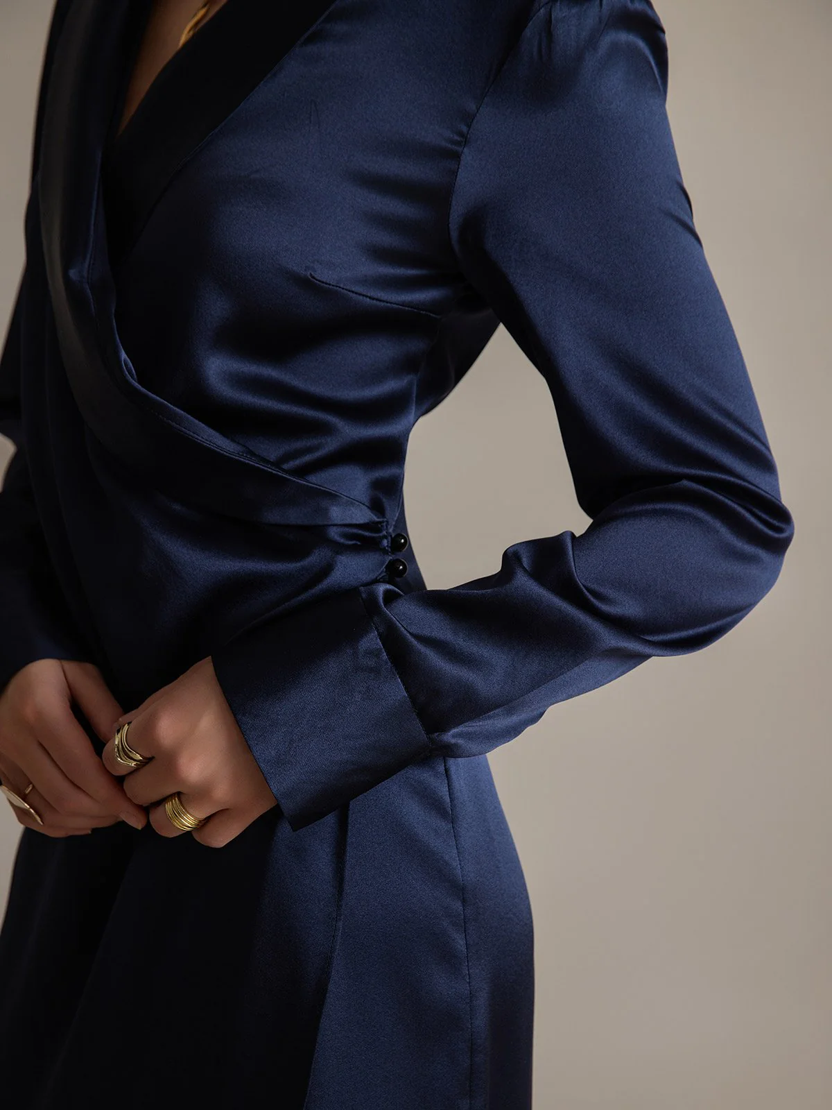 Clearance(Ships to UK Only) - 19Momme Silk Long Sleeve Lapel Collar Wrap Dress with Split Design - Image 14
