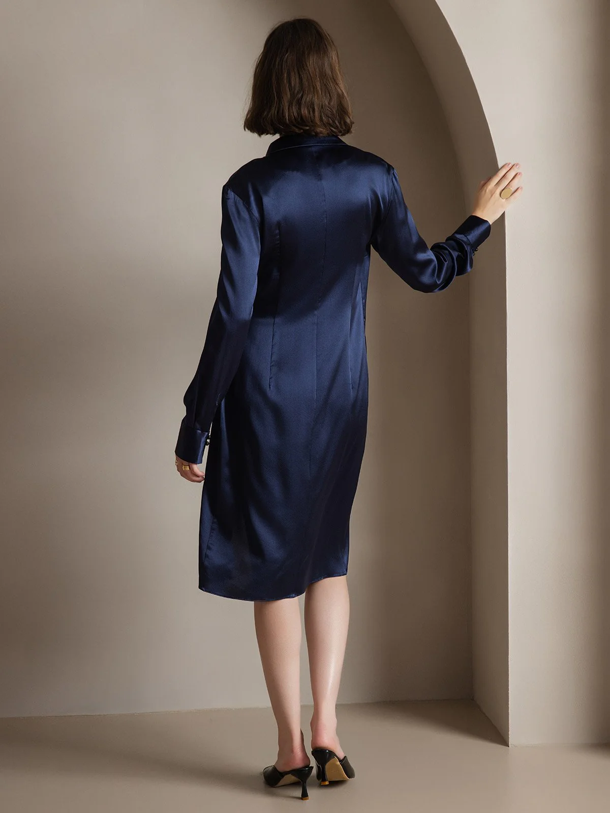 Clearance(Ships to UK Only) - 19Momme Silk Long Sleeve Lapel Collar Wrap Dress with Split Design - Image 9