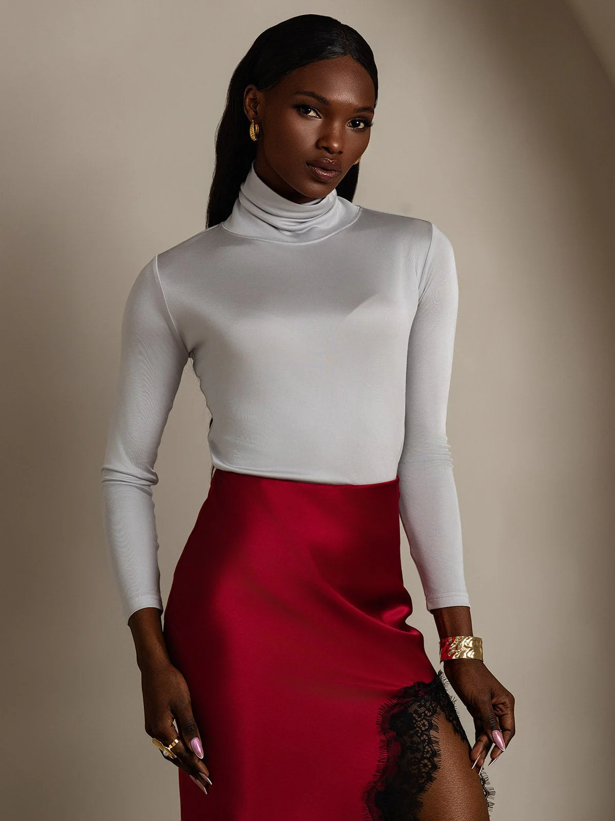 Silk Long Sleeve High Neck Women's Top - Image 25