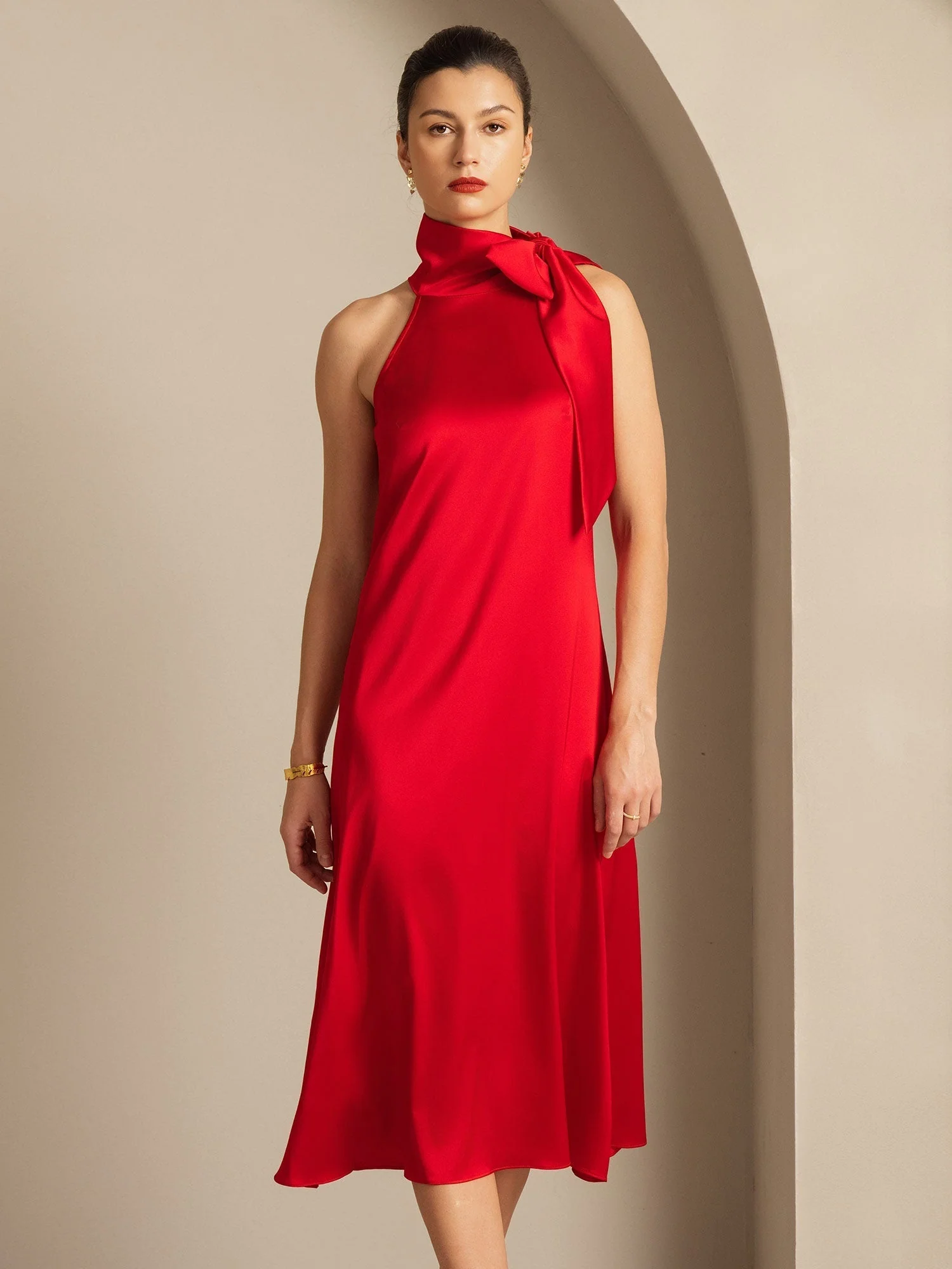 19Momme Silk Sleeveless Tie Neck Midi Dress - Image 14