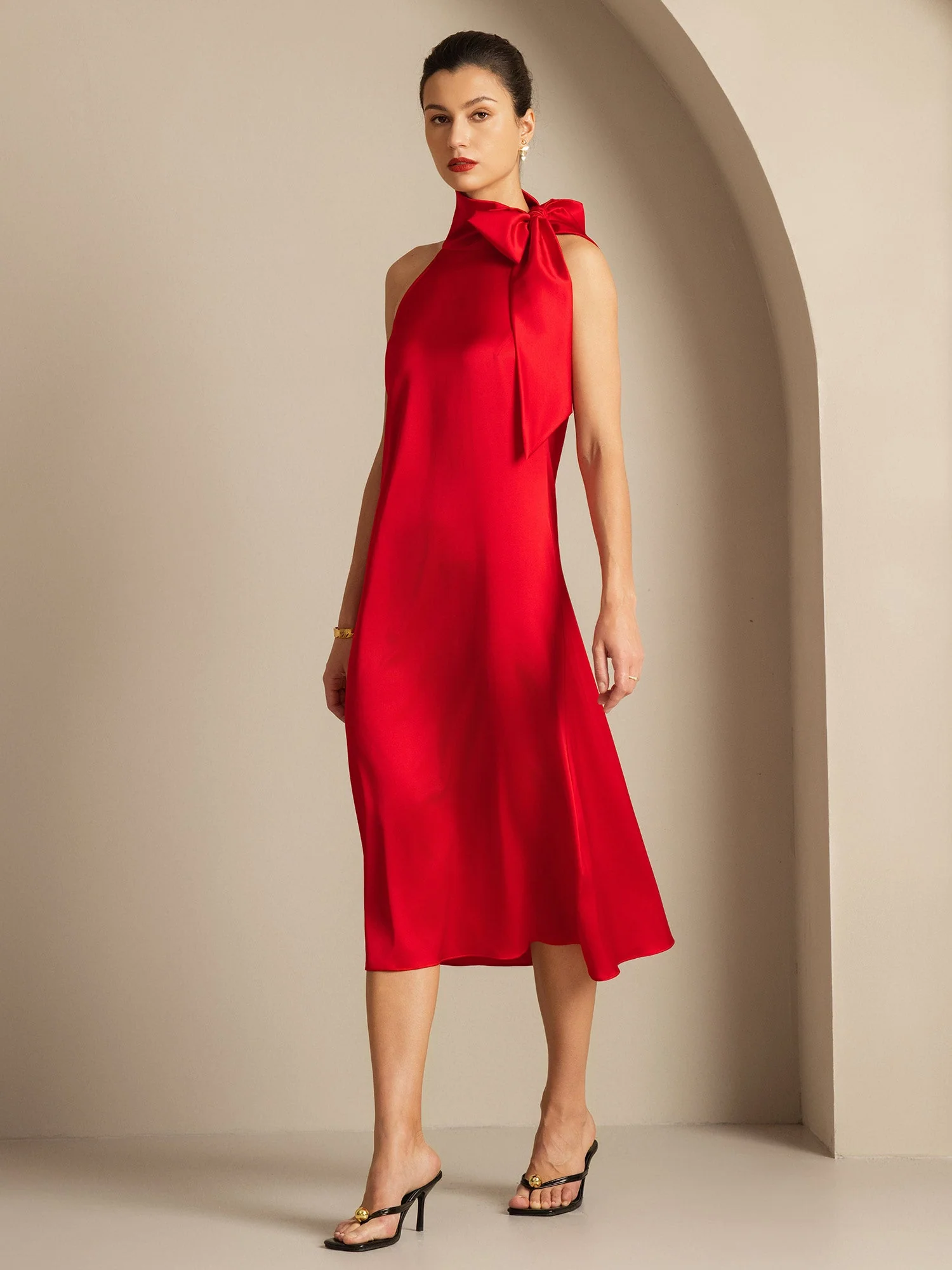 19Momme Silk Sleeveless Tie Neck Midi Dress - Image 15