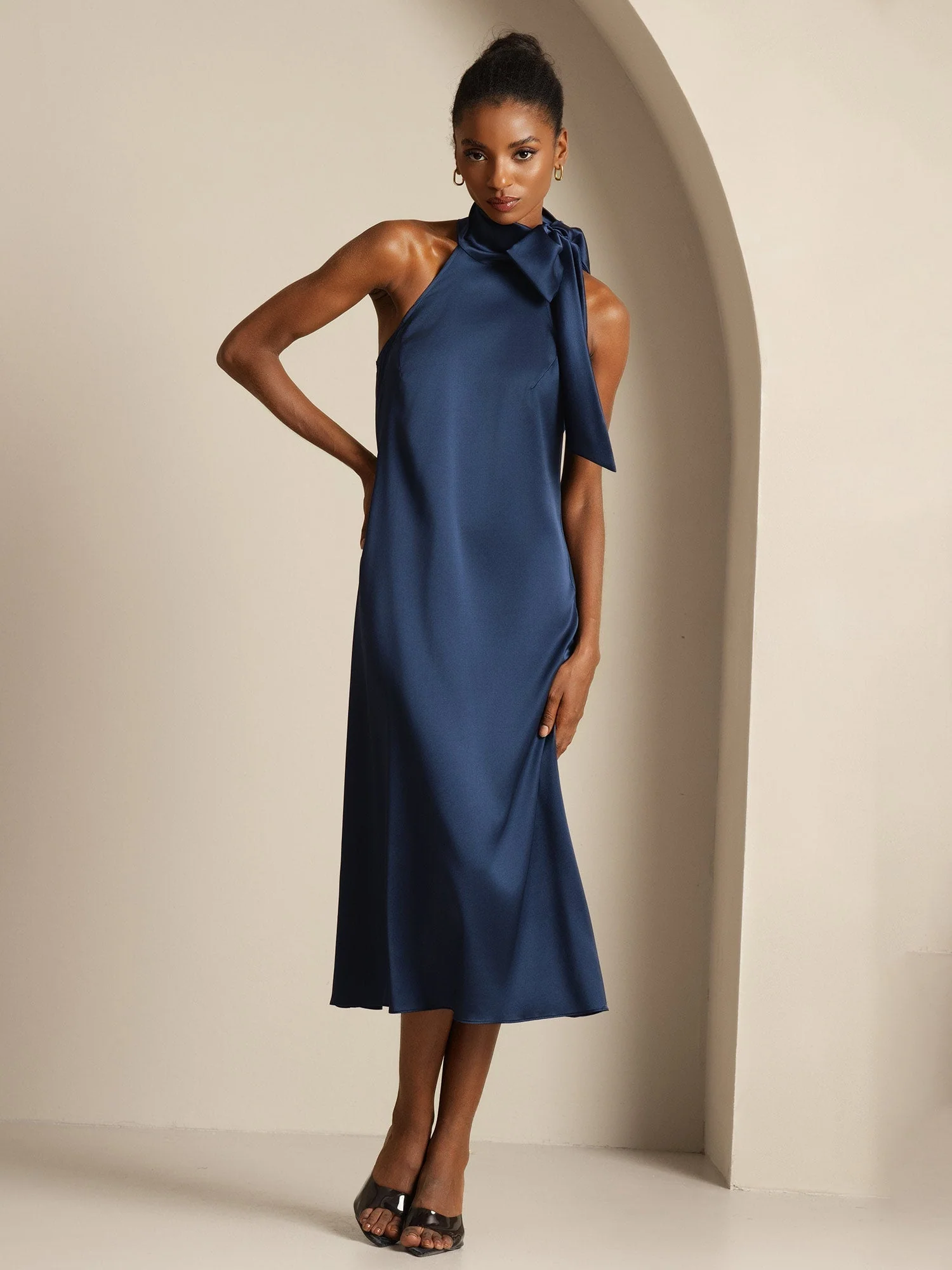 19Momme Silk Sleeveless Tie Neck Midi Dress - Image 23
