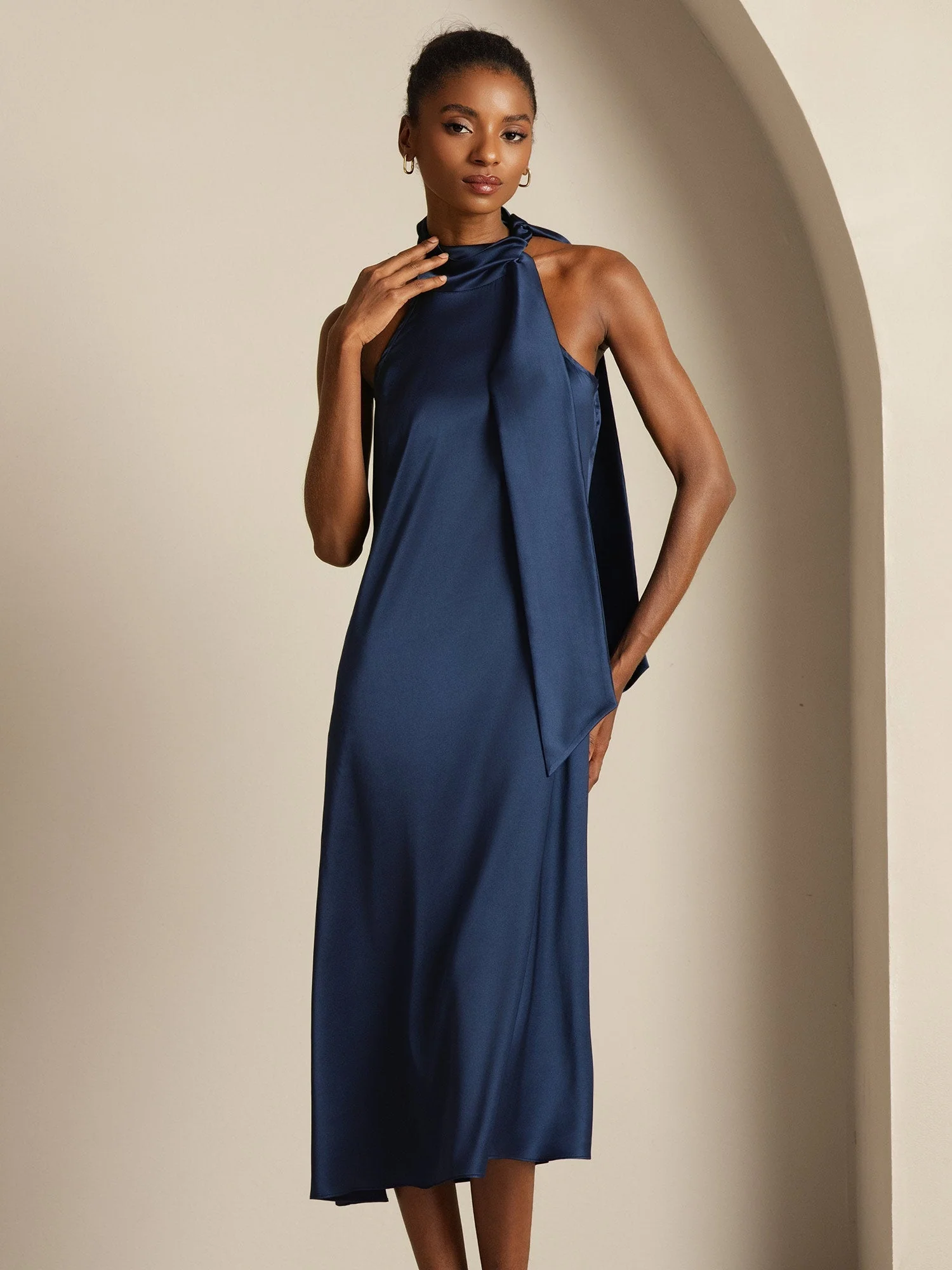 19Momme Silk Sleeveless Tie Neck Midi Dress - Image 24