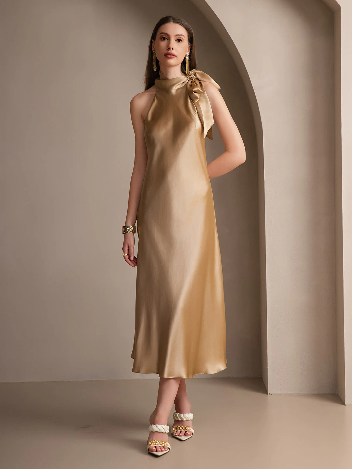 19Momme Silk Sleeveless Tie Neck Midi Dress - Image 38