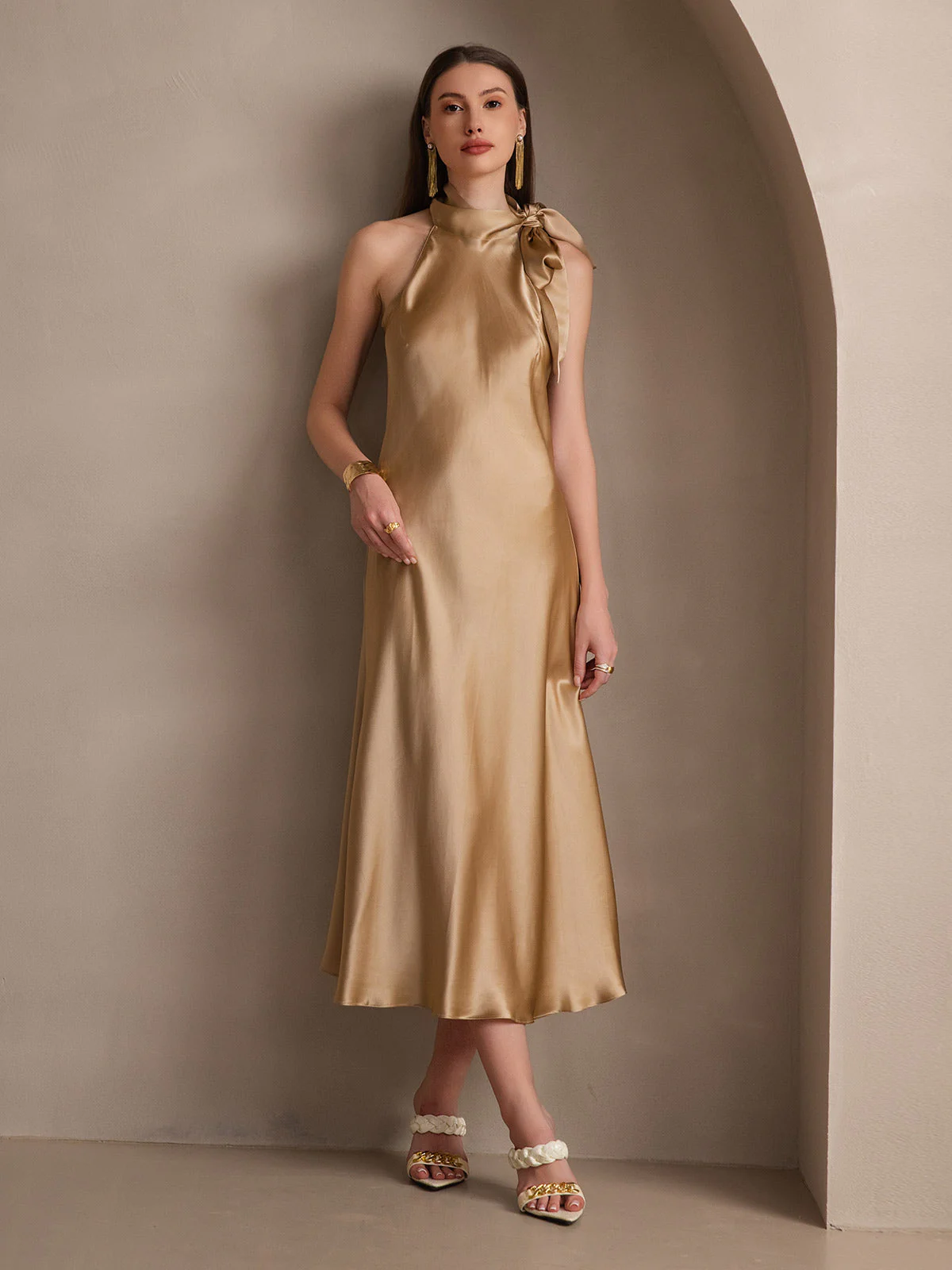 19Momme Silk Sleeveless Tie Neck Midi Dress - Image 39