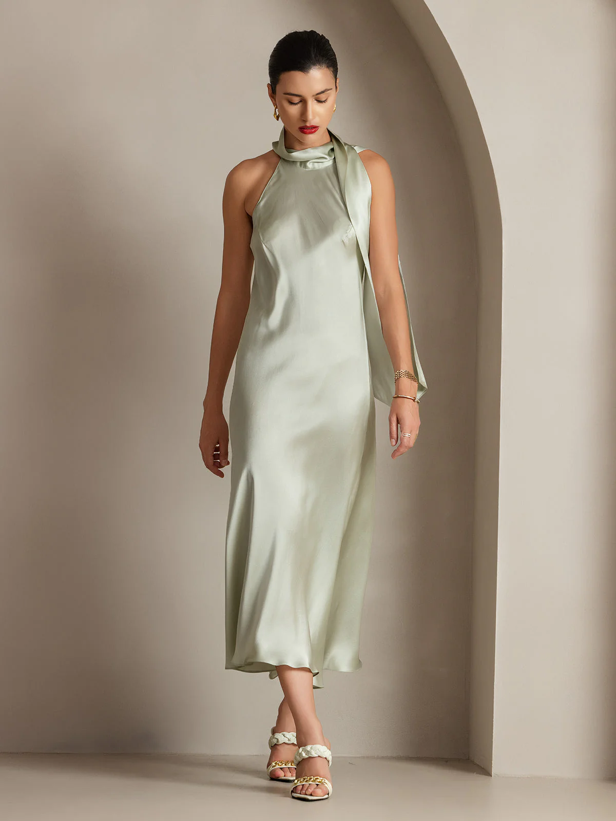 19Momme Silk Sleeveless Tie Neck Midi Dress - Image 41