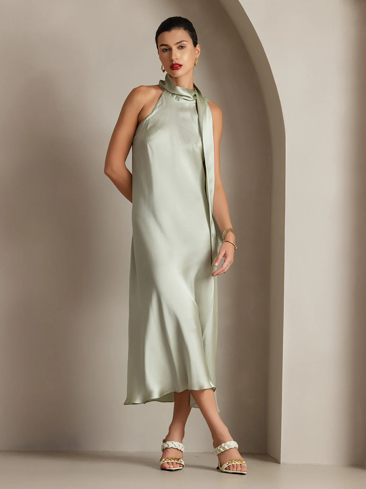 19Momme Silk Sleeveless Tie Neck Midi Dress - Image 43