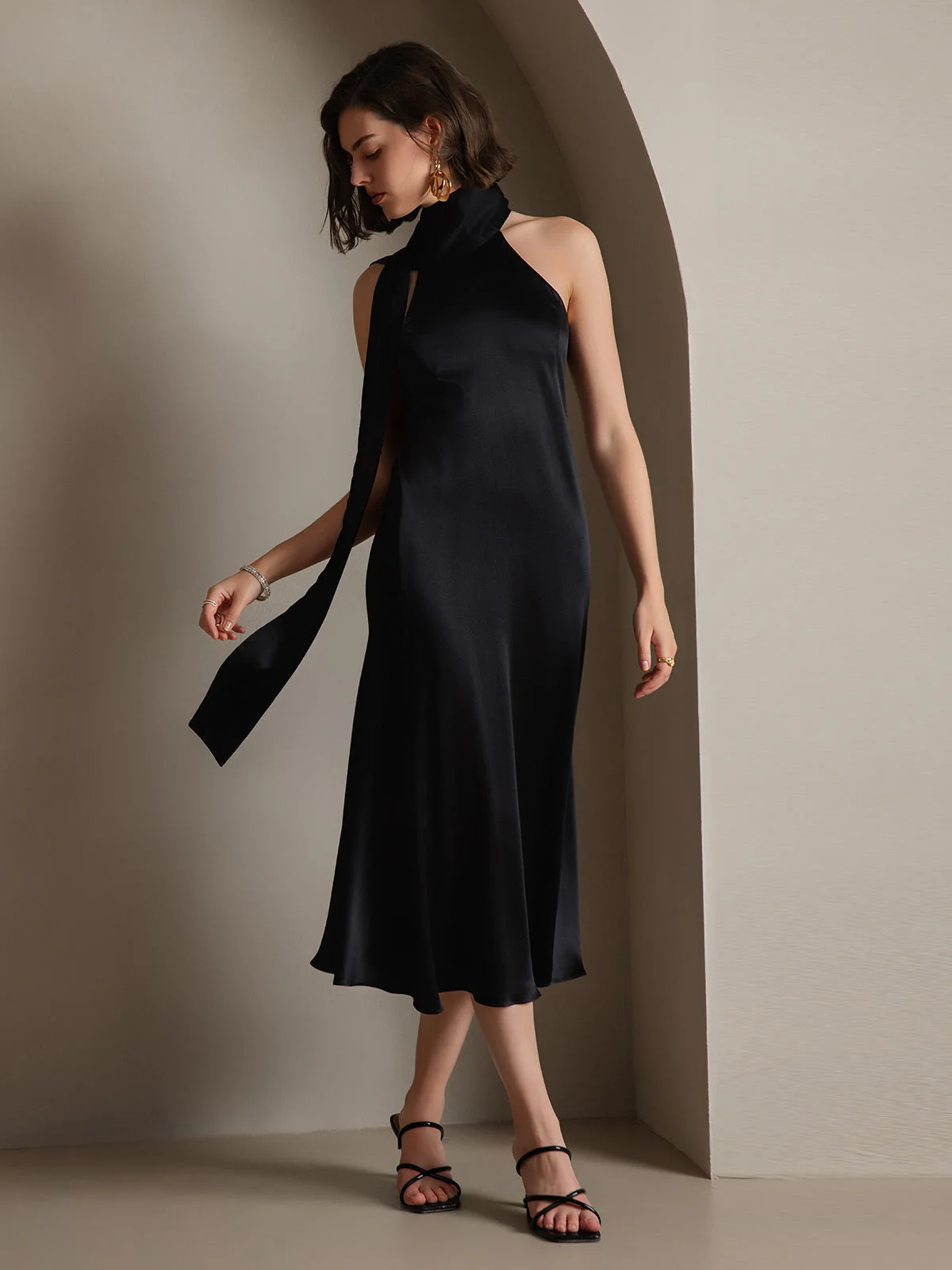 19Momme Silk Sleeveless Tie Neck Midi Dress - Image 48