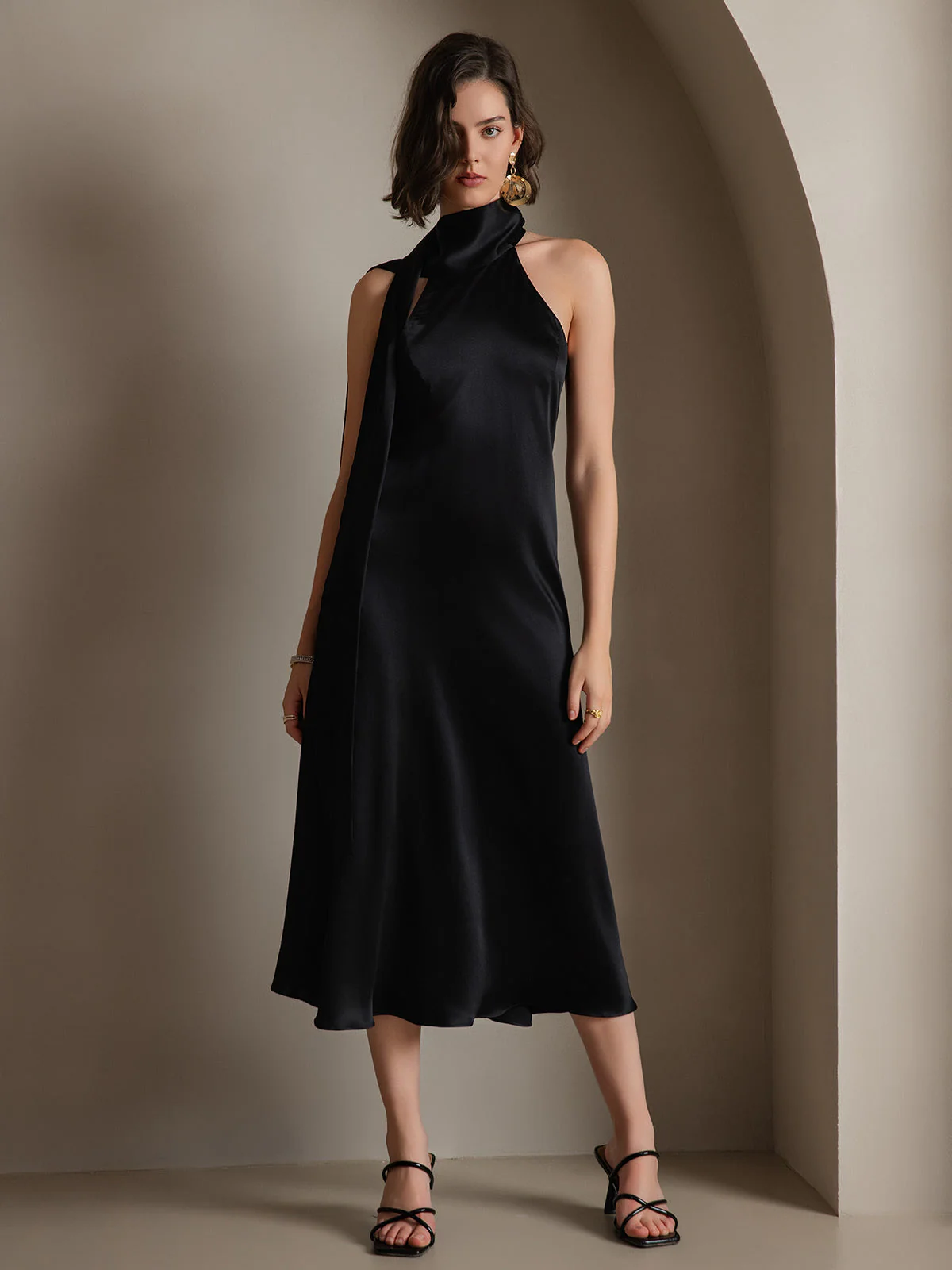 19Momme Silk Sleeveless Tie Neck Midi Dress - Image 51