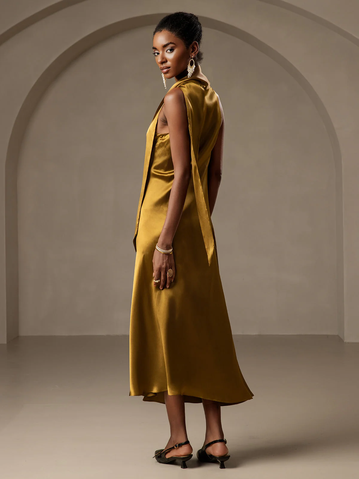 19Momme Silk Sleeveless Tie Neck Midi Dress - Image 59
