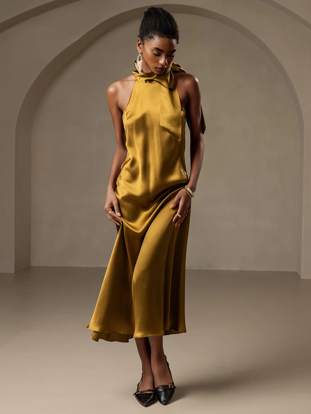 19Momme Silk Sleeveless Tie Neck Midi Dress - Image 60