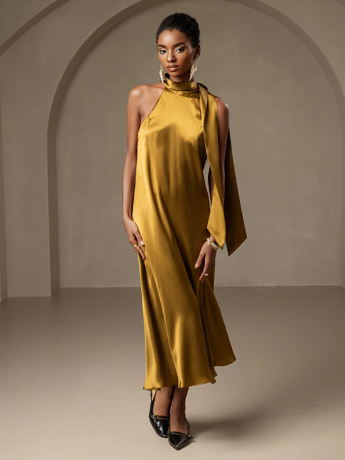 19Momme Silk Sleeveless Tie Neck Midi Dress - Image 61